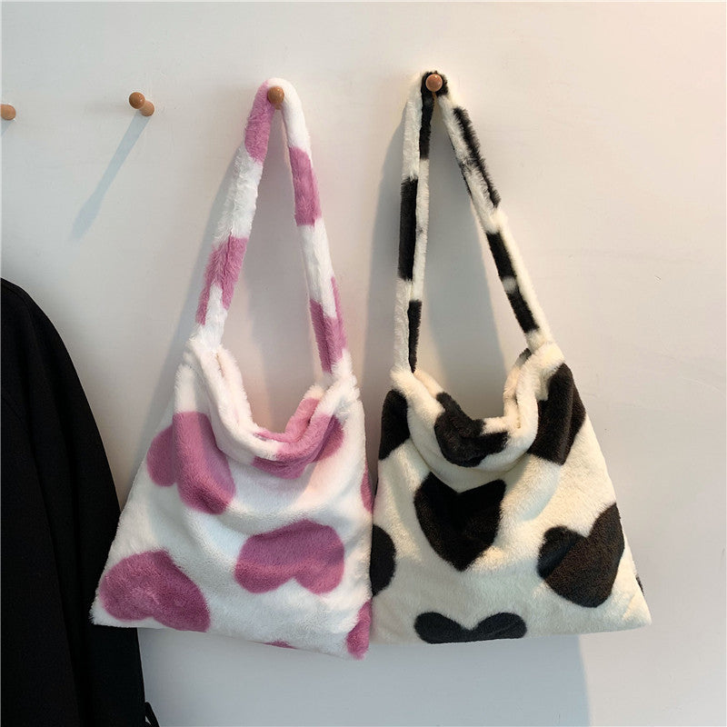 Love Heart Shoulder Bags Winter Plush Shopping Bags For Women